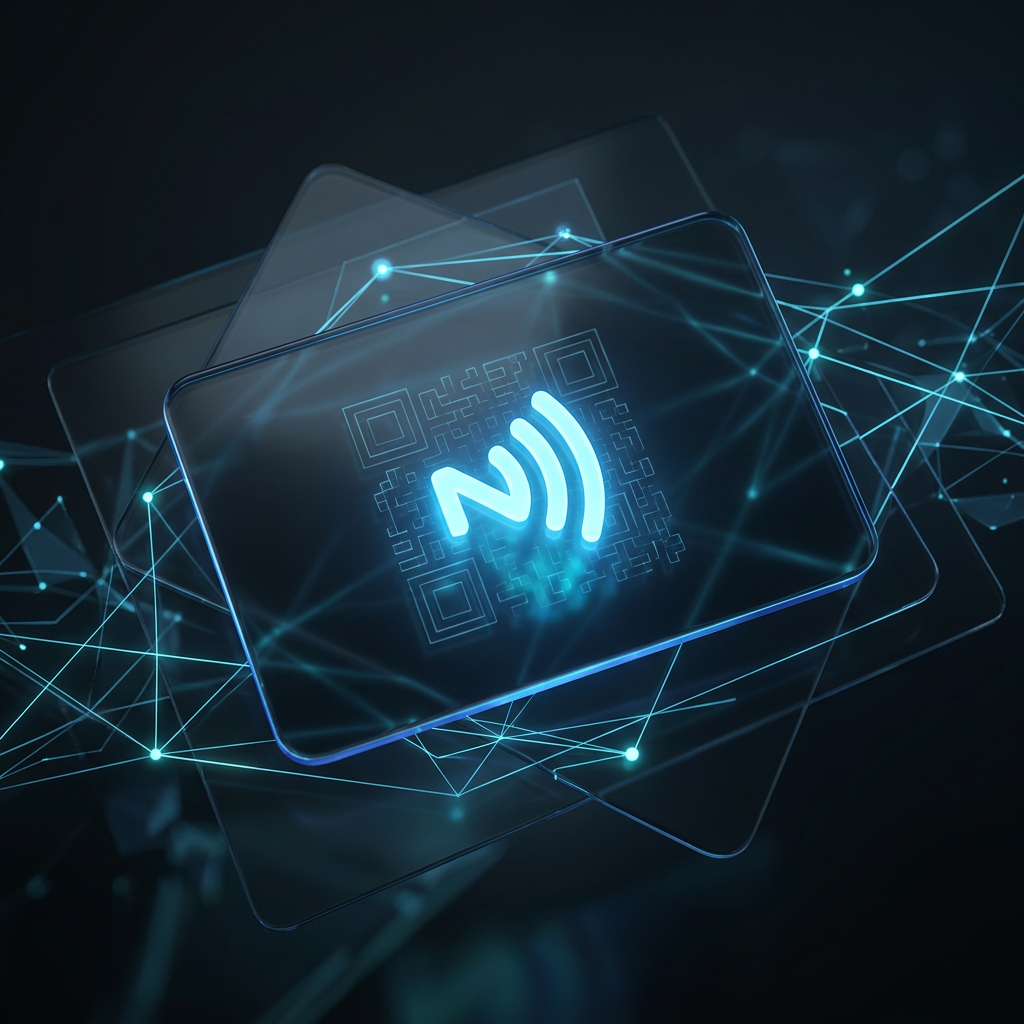Composição tecnológica com cartão de vidro exibindo QR Code e símbolo NFC