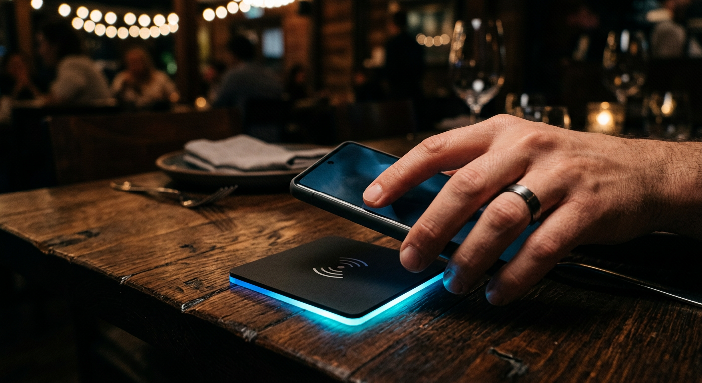 Pessoa aproximando o smartphone de uma placa NFC premium sobre uma mesa